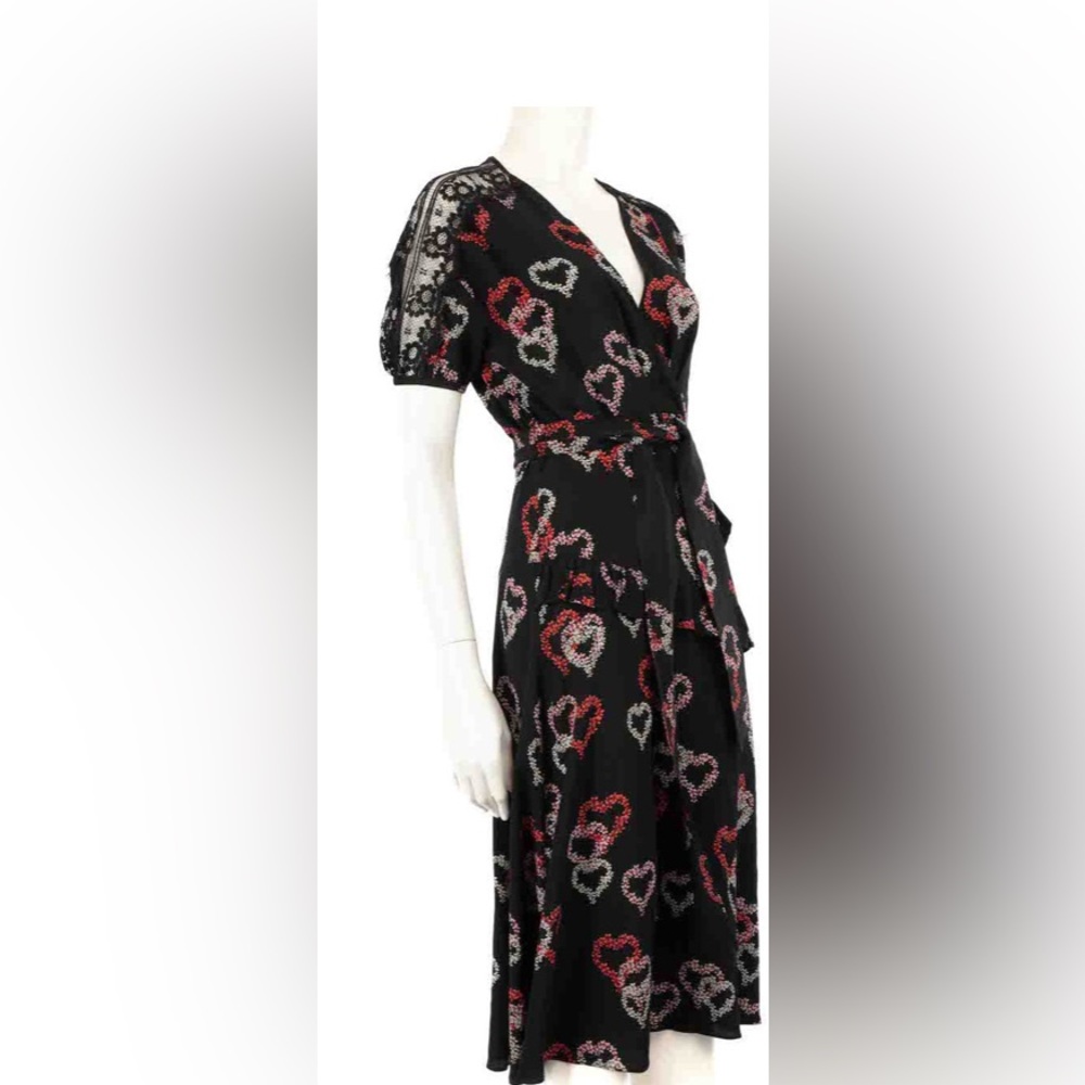 Sandro Paris Elegant Black Midi Dress with Red Heart flowers Accents